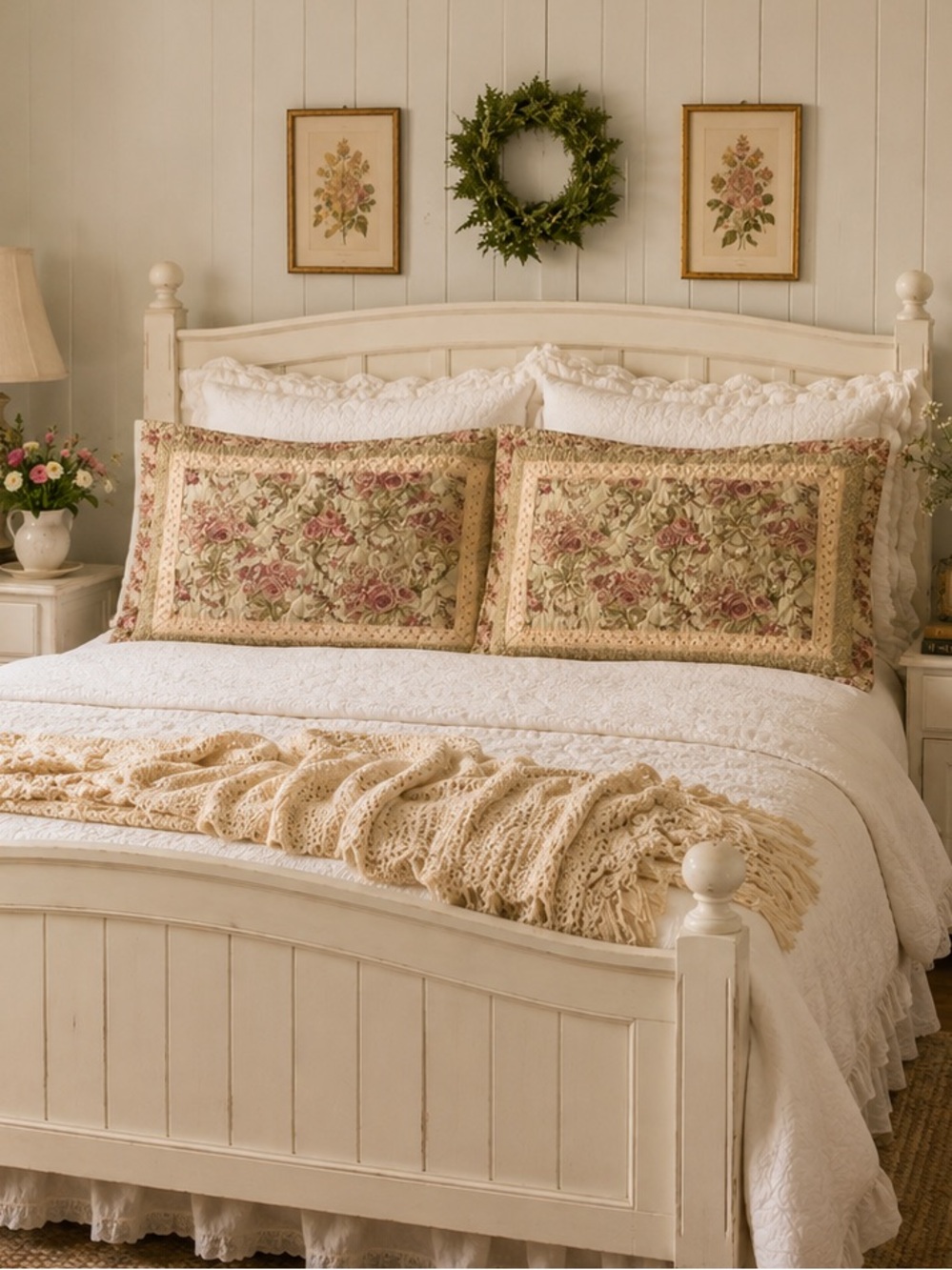 King Size Floral Quilted Pillow Shams Set of 2 Cottagecore Rose Cottage Bedding